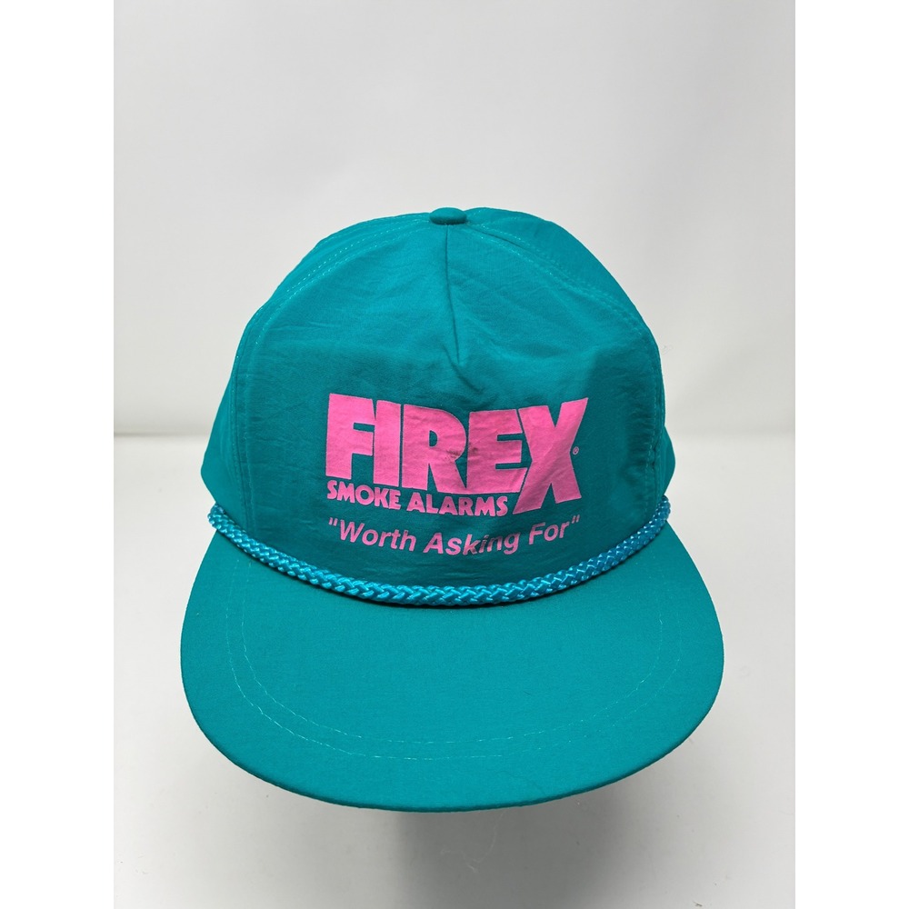 Vintage 90s Firex Smoke Alarms Nylon Rope Hat Teal Pink Snapback Cap Promo
